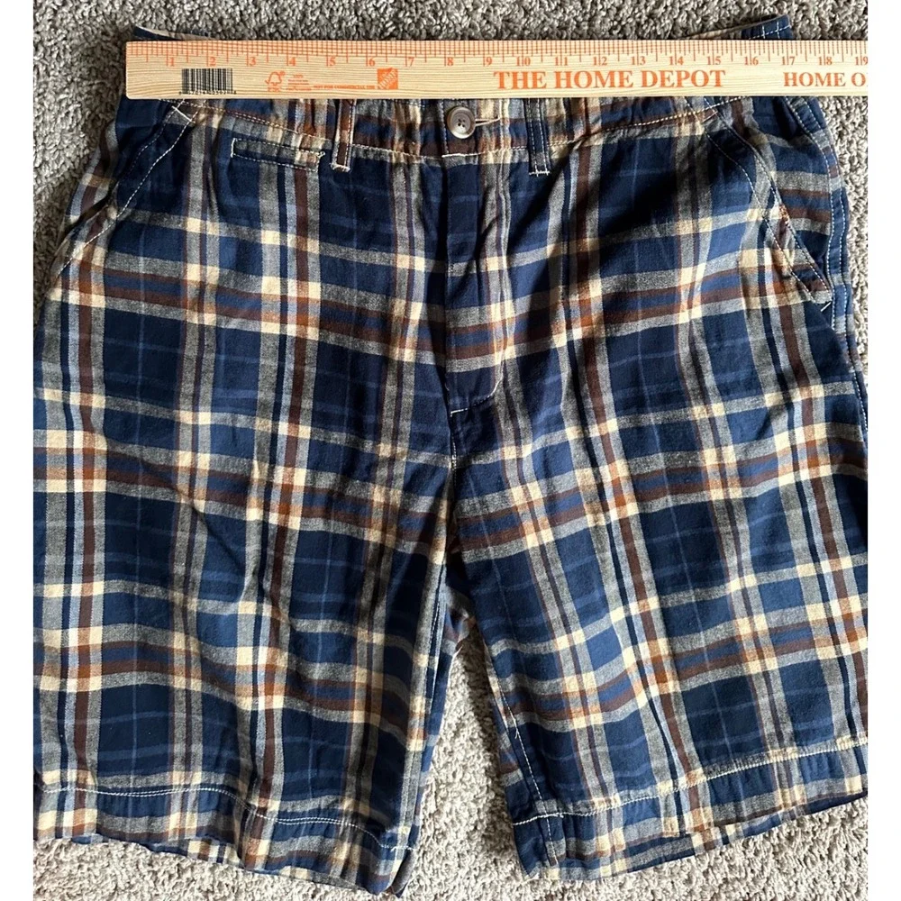 Vintage Plaid Mens Navy Blue Tan Brown Check Cotton Shorts Size 36 Heavy Washed
